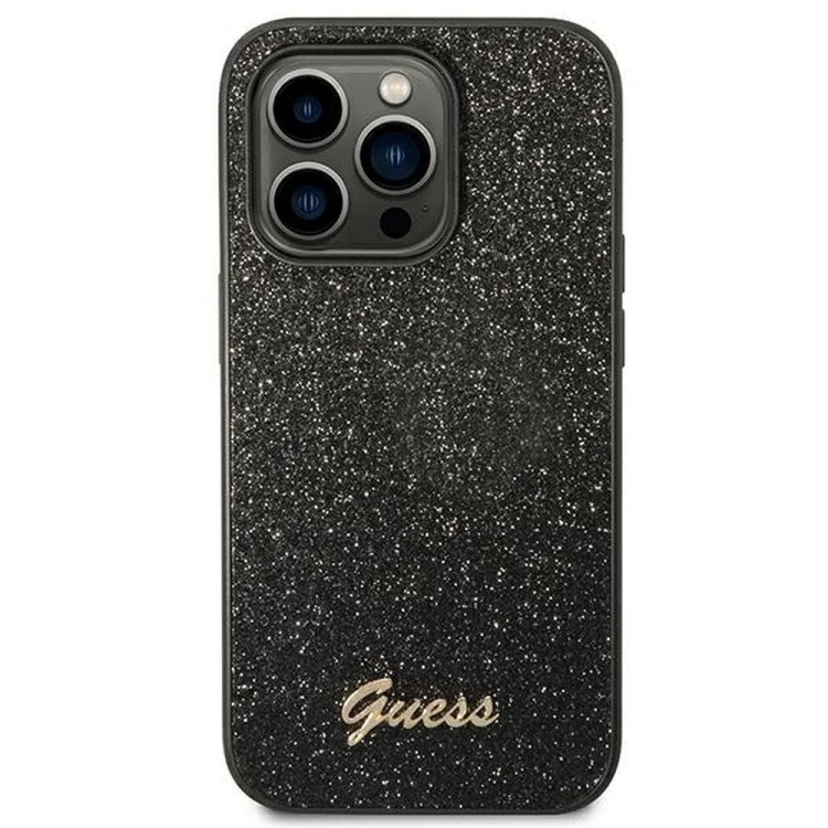 Guess etui iPhone 14 Pro Glitter Flakes Script czarne – oryginalne futerał GUESS GUHCP14LHGGSHK