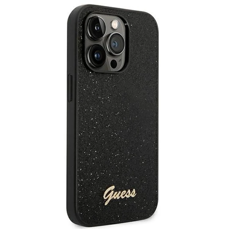 Guess etui iPhone 14 Pro Glitter Flakes Script czarne – oryginalne futerał GUESS GUHCP14LHGGSHK
