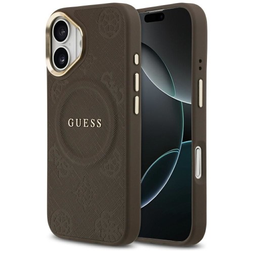 Etui Guess iPhone 17 Peony Hot Stamp Brązowe - Saffiano MagSafe Gold Detale