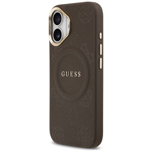 Etui Guess iPhone 17 Peony Hot Stamp Brązowe - Saffiano MagSafe Gold Detale