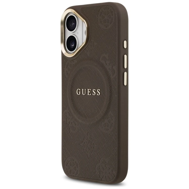 Etui Guess iPhone 17 Peony Hot Stamp Brązowe - Saffiano MagSafe Gold Detale