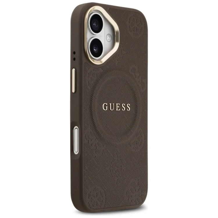 Etui Guess iPhone 17 Peony Hot Stamp Brązowe - Saffiano MagSafe Gold Detale