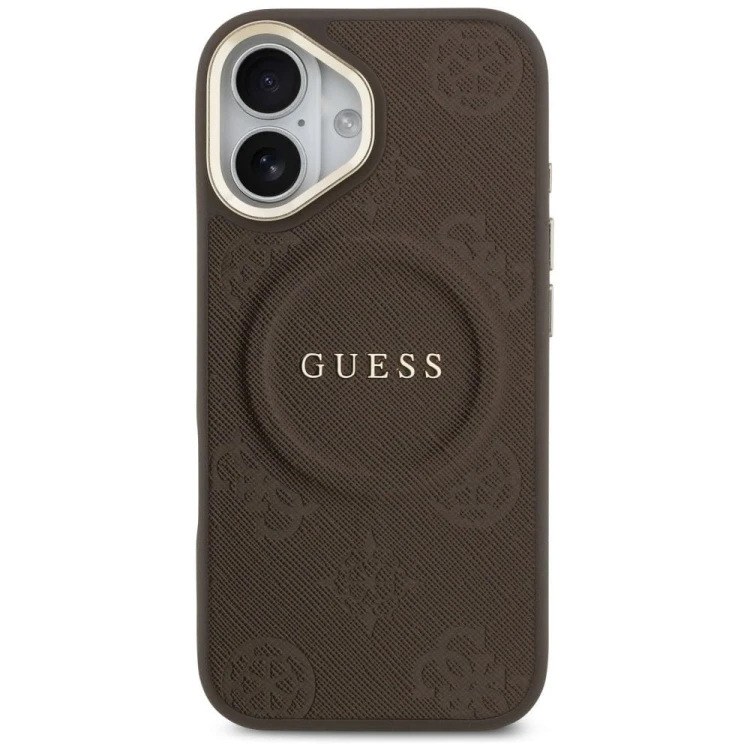 Etui Guess iPhone 17 Peony Hot Stamp Brązowe - Saffiano MagSafe Gold Detale