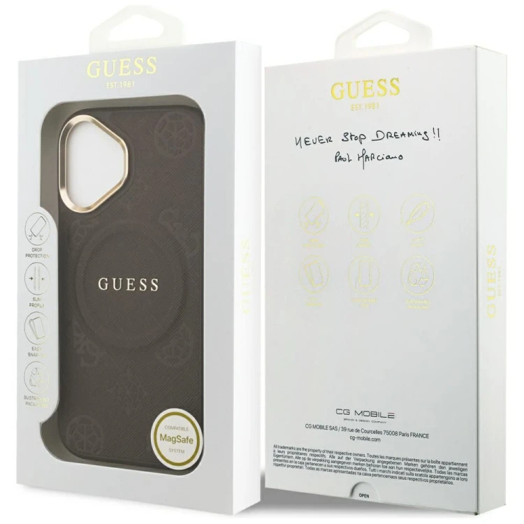 Etui Guess iPhone 17 Peony Hot Stamp Brązowe - Saffiano MagSafe Gold Detale