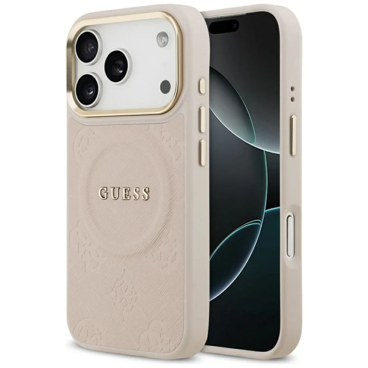 Etui Guess iPhone 17 Pro Peony Hot Stamp Różowe - Saffiano MagSafe Gold Detale