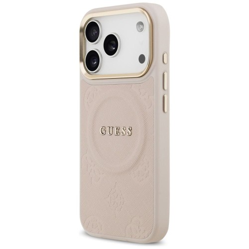 Etui Guess iPhone 17 Pro Peony Hot Stamp Różowe - Saffiano MagSafe Gold Detale