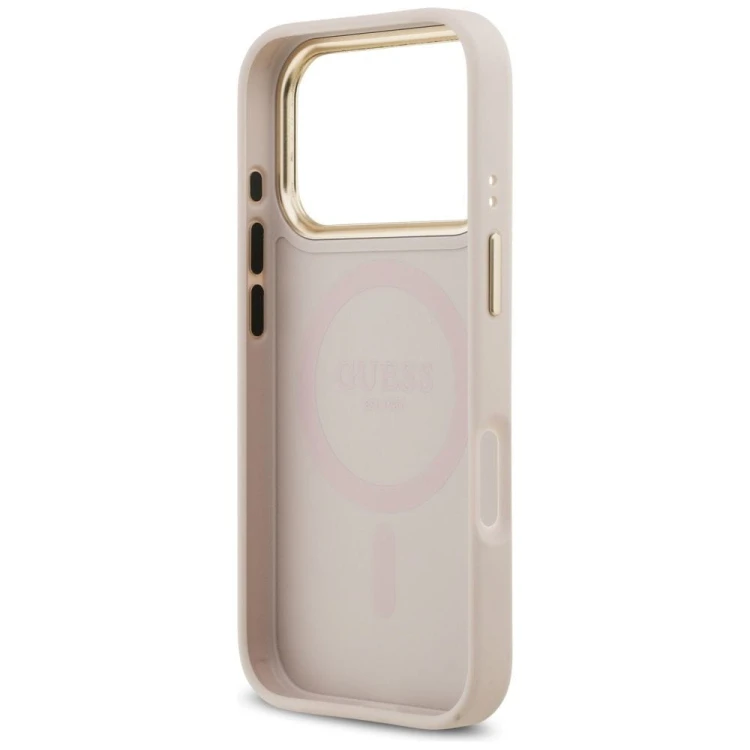 Etui Guess iPhone 17 Pro Peony Hot Stamp Różowe - Saffiano MagSafe Gold Detale