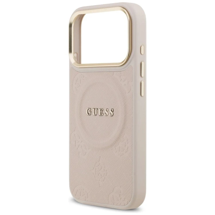 Etui Guess iPhone 17 Pro Peony Hot Stamp Różowe - Saffiano MagSafe Gold Detale