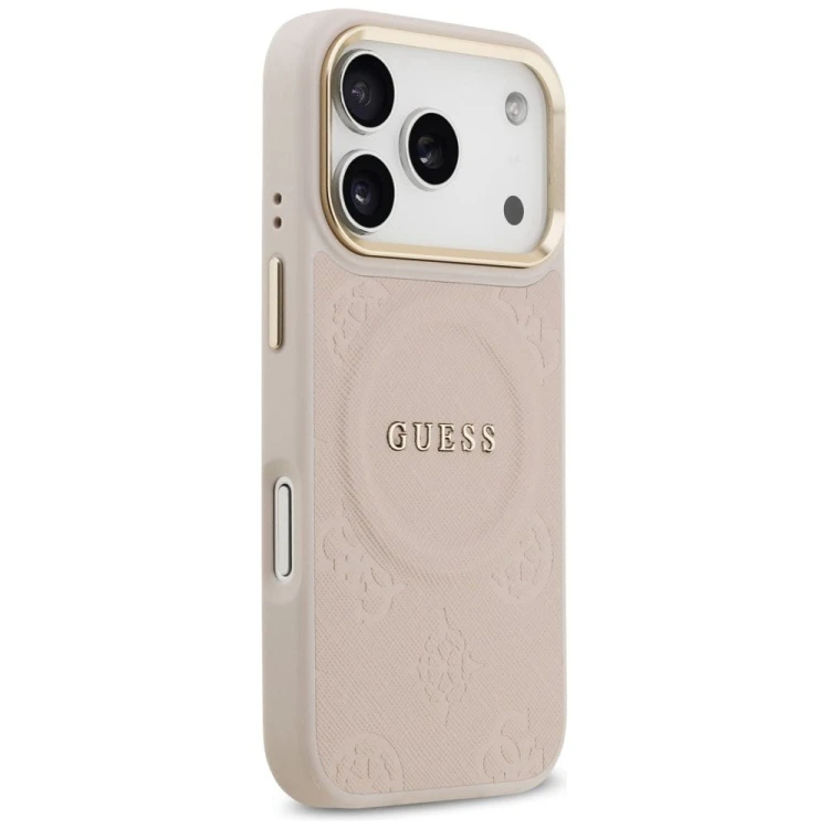 Etui Guess iPhone 17 Pro Peony Hot Stamp Różowe - Saffiano MagSafe Gold Detale
