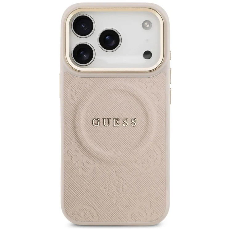 Etui Guess iPhone 17 Pro Peony Hot Stamp Różowe - Saffiano MagSafe Gold Detale