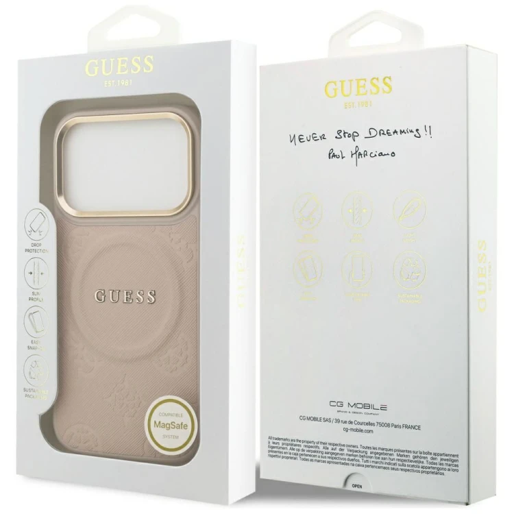 Etui Guess iPhone 17 Pro Peony Hot Stamp Różowe - Saffiano MagSafe Gold Detale