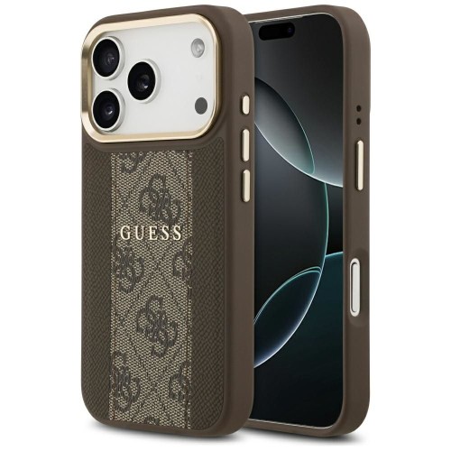 Etui Guess iPhone 17 Pro 4G Stripe Brązowe - Oryginalny Pokrowiec MagSafe Złota Ramka