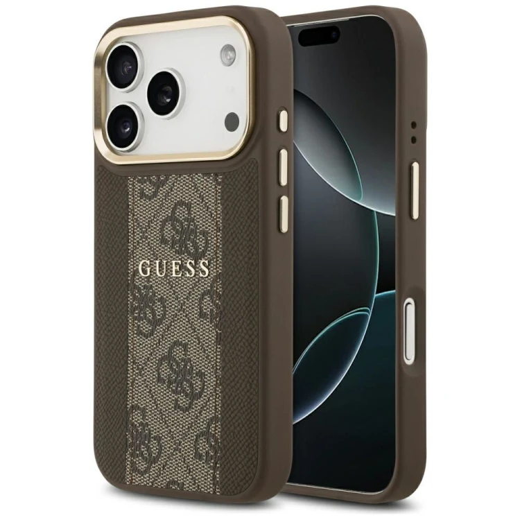 Etui Guess iPhone 17 Pro 4G Stripe Brązowe - Oryginalny Pokrowiec MagSafe Złota Ramka