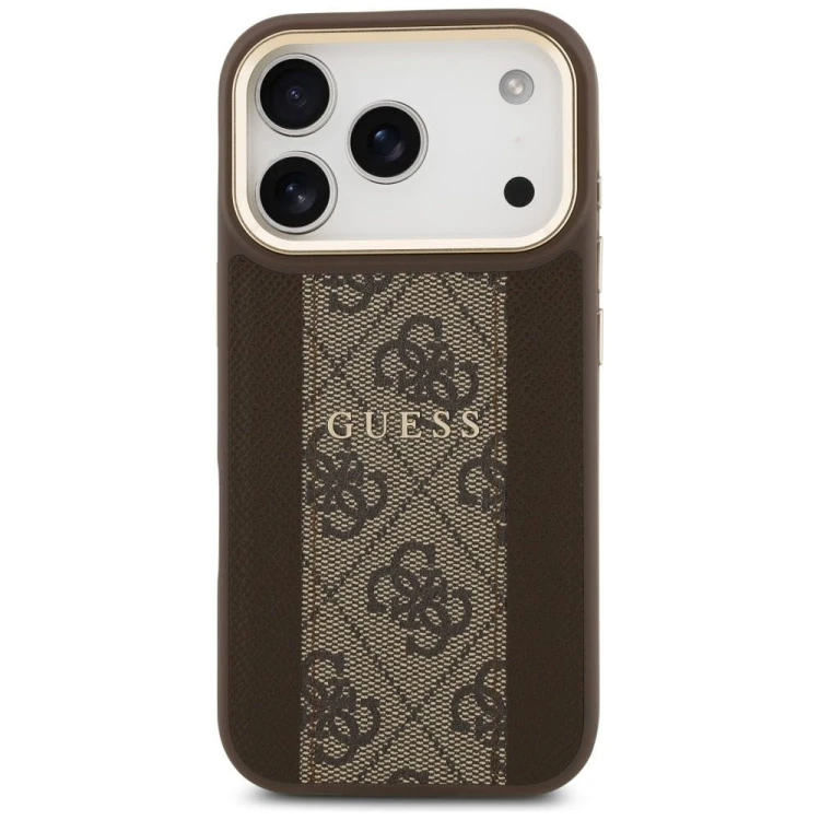 Etui Guess iPhone 17 Pro 4G Stripe Brązowe - Oryginalny Pokrowiec MagSafe Złota Ramka