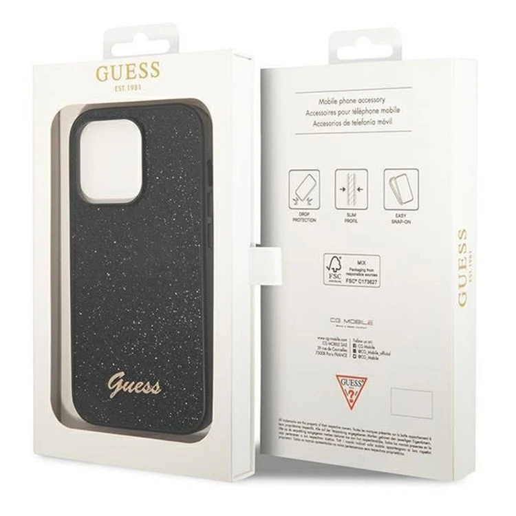 Guess etui iPhone 14 Pro Glitter Flakes Script czarne – oryginalne futerał GUESS GUHCP14LHGGSHK