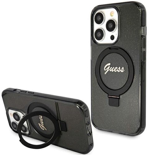 Guess etui iPhone 15 Pro Max MagSafe czarne Glitter Script Ring Stand – oryginalne GUHMP15XHRSGSK