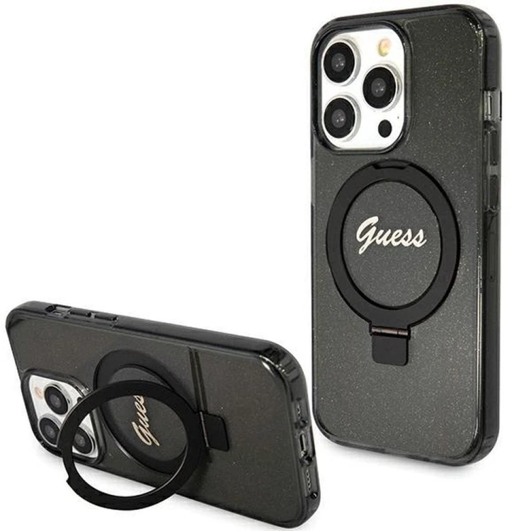 Guess etui iPhone 15 Pro Max MagSafe czarne Glitter Script Ring Stand – oryginalne GUHMP15XHRSGSK