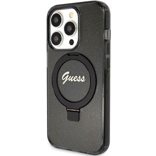 Guess etui iPhone 15 Pro Max MagSafe czarne Glitter Script Ring Stand – oryginalne GUHMP15XHRSGSK