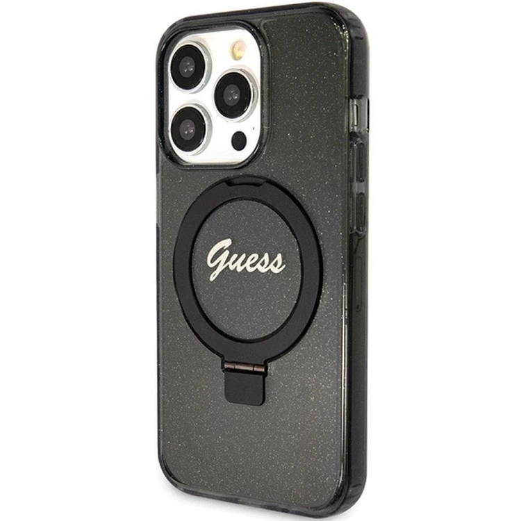 Guess etui iPhone 15 Pro Max MagSafe czarne Glitter Script Ring Stand – oryginalne GUHMP15XHRSGSK