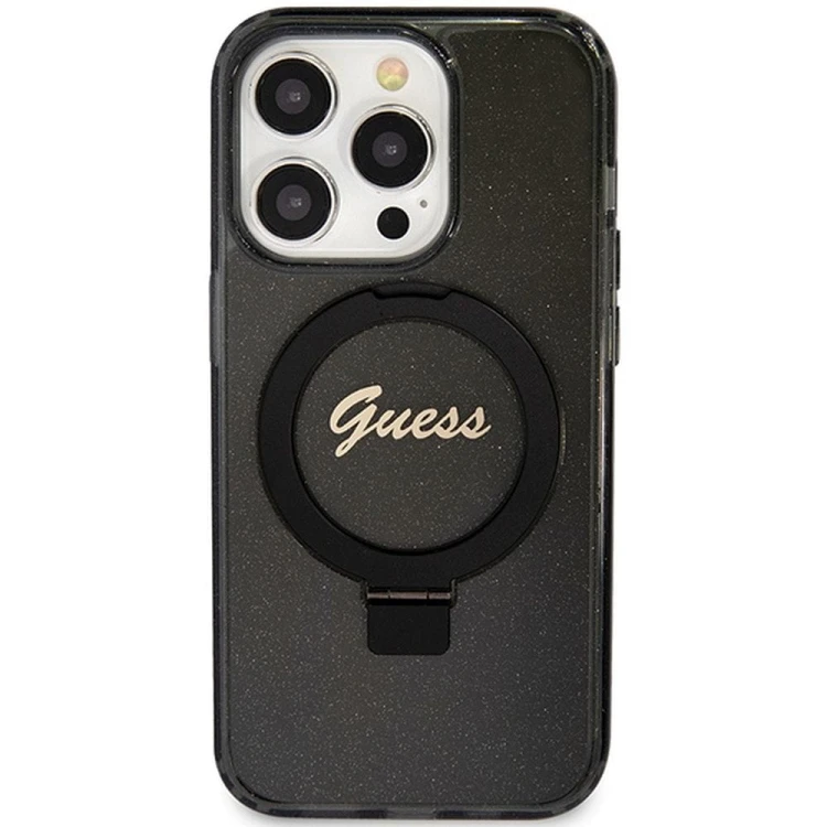 Guess etui iPhone 15 Pro Max MagSafe czarne Glitter Script Ring Stand – oryginalne GUHMP15XHRSGSK