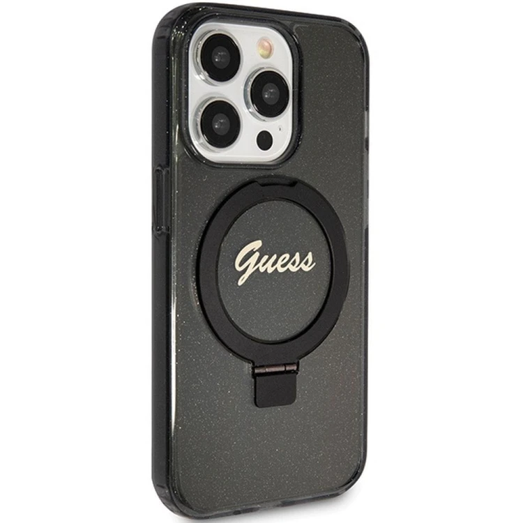 Guess etui iPhone 15 Pro Max MagSafe czarne Glitter Script Ring Stand – oryginalne GUHMP15XHRSGSK