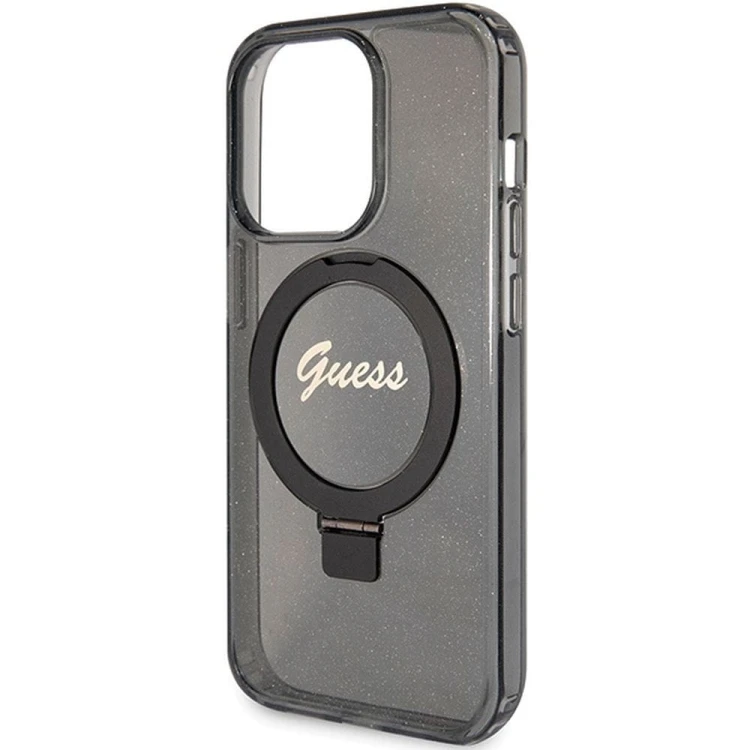 Guess etui iPhone 15 Pro Max MagSafe czarne Glitter Script Ring Stand – oryginalne GUHMP15XHRSGSK
