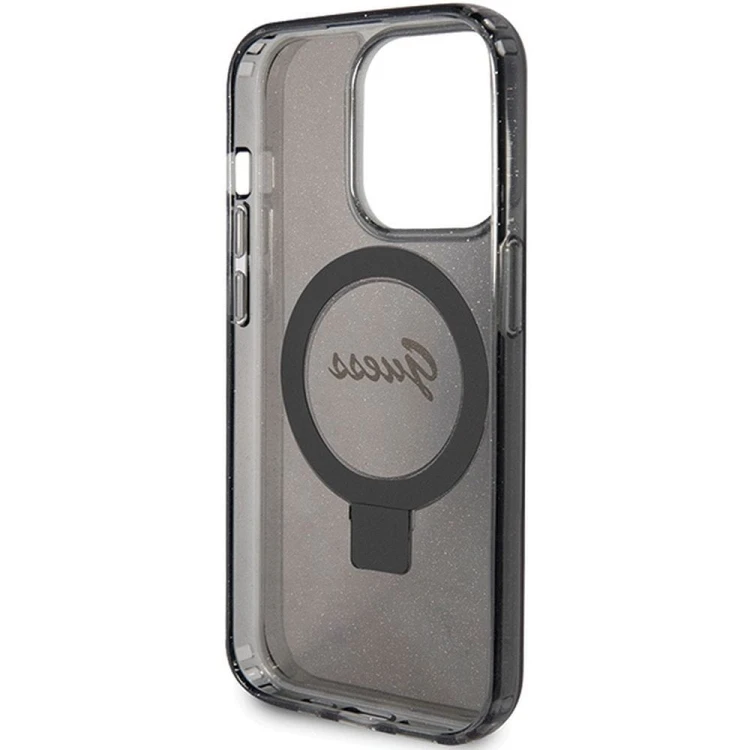 Guess etui iPhone 15 Pro Max MagSafe czarne Glitter Script Ring Stand – oryginalne GUHMP15XHRSGSK