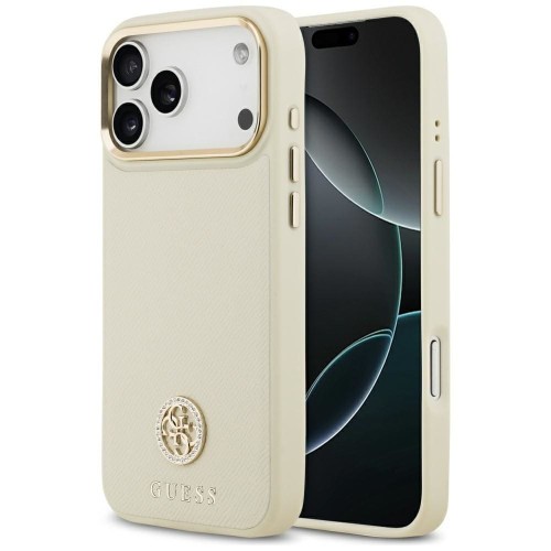 Etui Guess iPhone 17 Pro Max Grained Strass Logo Beżowe - Futerał MagSafe