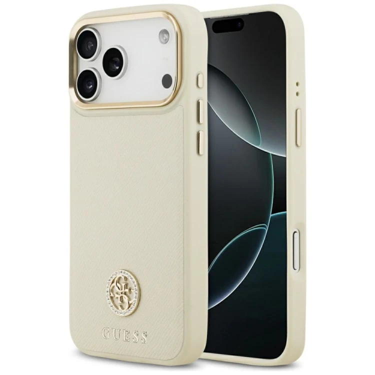 Etui Guess iPhone 17 Pro Max Grained Strass Logo Beżowe - Futerał MagSafe