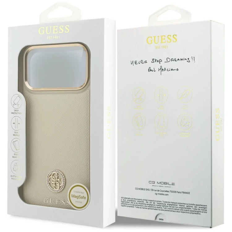 Etui Guess iPhone 17 Pro Max Grained Strass Logo Beżowe - Futerał MagSafe