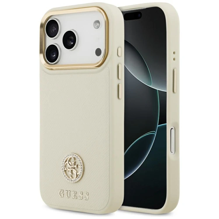 Etui Guess iPhone 17 Pro Grained Strass Logo Beżowe - Oryginalny Pokrowiec MagSafe