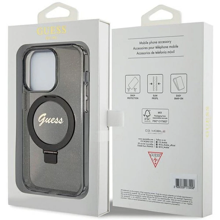 Guess etui iPhone 15 Pro Max MagSafe czarne Glitter Script Ring Stand – oryginalne GUHMP15XHRSGSK