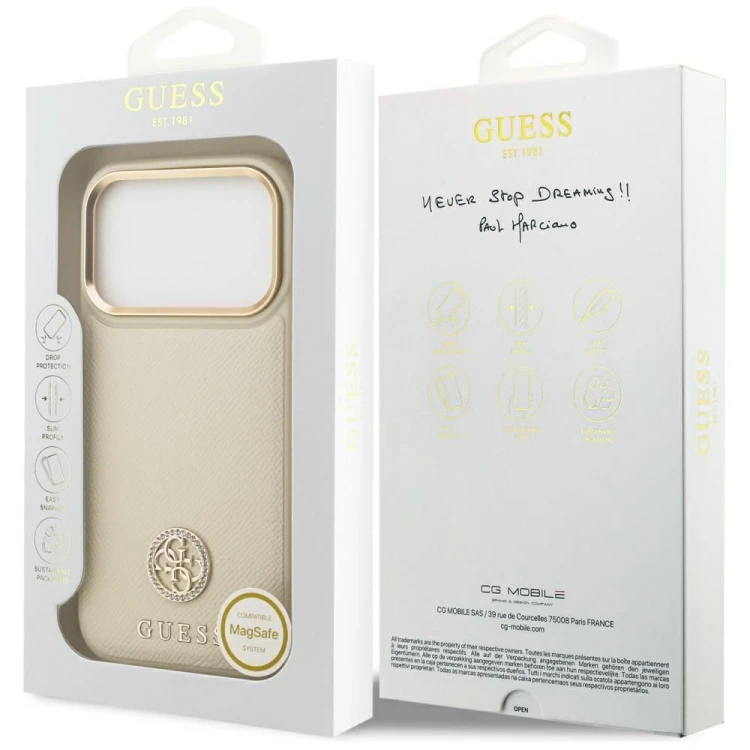 Etui Guess iPhone 17 Pro Grained Strass Logo Beżowe - Oryginalny Pokrowiec MagSafe