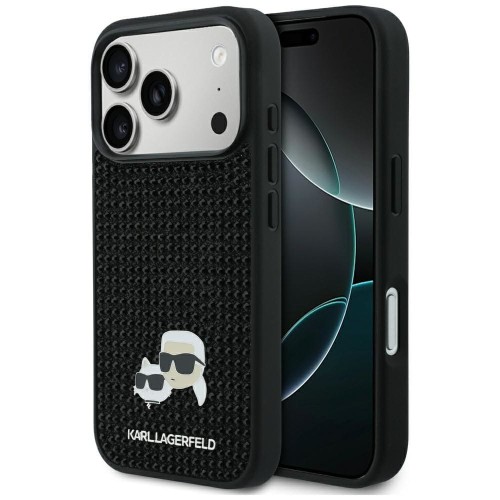 Luksusowe etui Karl Lagerfeld do iPhone 17 Pro Rhinestones Karl & Choupette Pin – czarne