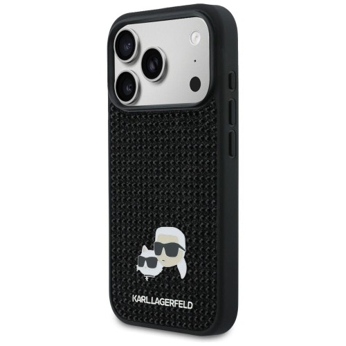 Luksusowe etui Karl Lagerfeld do iPhone 17 Pro Rhinestones Karl & Choupette Pin – czarne