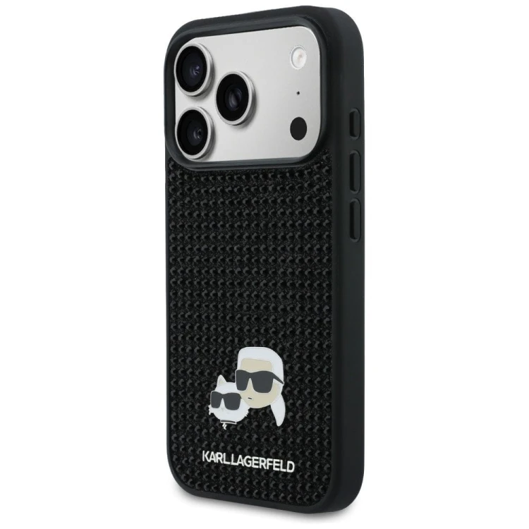 Luksusowe etui Karl Lagerfeld do iPhone 17 Pro Rhinestones Karl & Choupette Pin – czarne