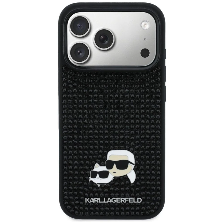 Luksusowe etui Karl Lagerfeld do iPhone 17 Pro Rhinestones Karl & Choupette Pin – czarne