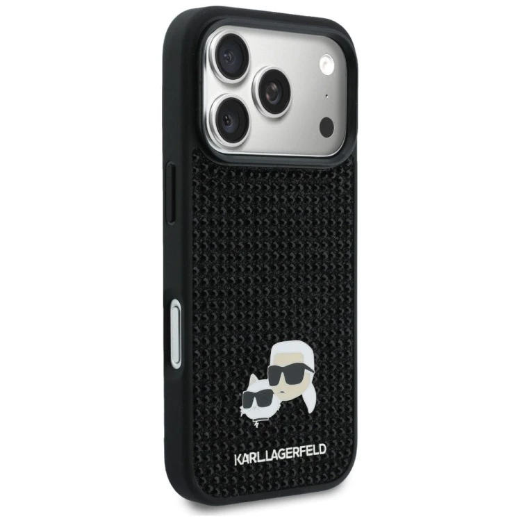 Luksusowe etui Karl Lagerfeld do iPhone 17 Pro Rhinestones Karl & Choupette Pin – czarne