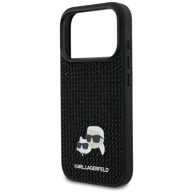 Luksusowe etui Karl Lagerfeld do iPhone 17 Pro Rhinestones Karl & Choupette Pin – czarne