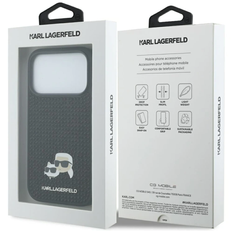 Luksusowe etui Karl Lagerfeld do iPhone 17 Pro Rhinestones Karl & Choupette Pin – czarne