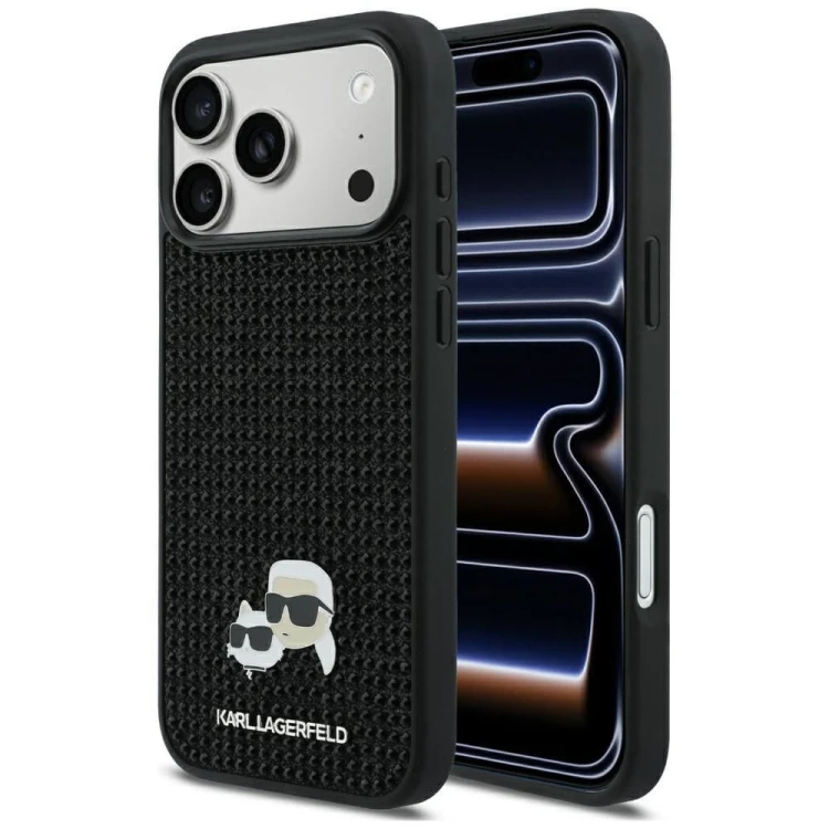 Luksusowe etui Karl Lagerfeld do iPhone 17 Pro Max Rhinestones Karl & Choupette Pin – czarne
