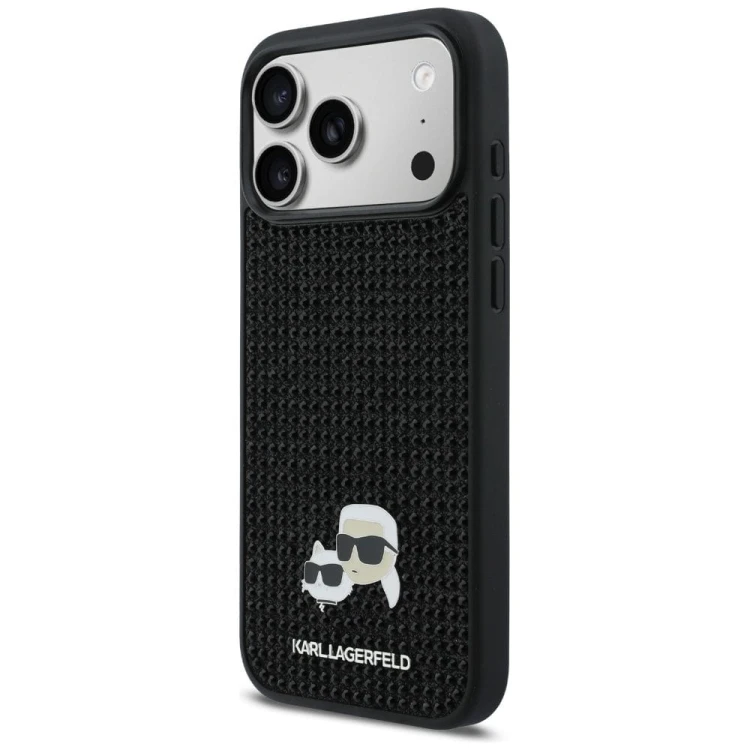 Luksusowe etui Karl Lagerfeld do iPhone 17 Pro Max Rhinestones Karl & Choupette Pin – czarne