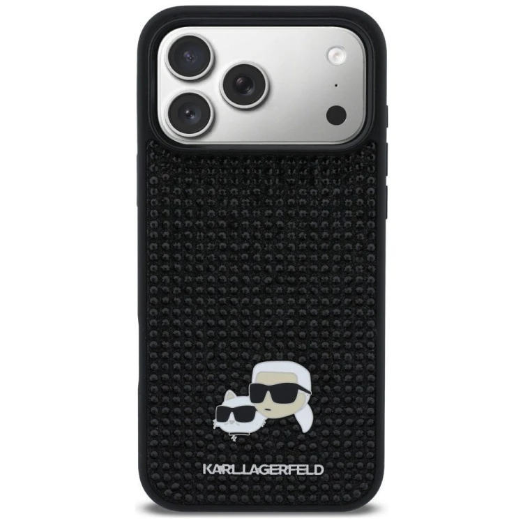 Luksusowe etui Karl Lagerfeld do iPhone 17 Pro Max Rhinestones Karl & Choupette Pin – czarne