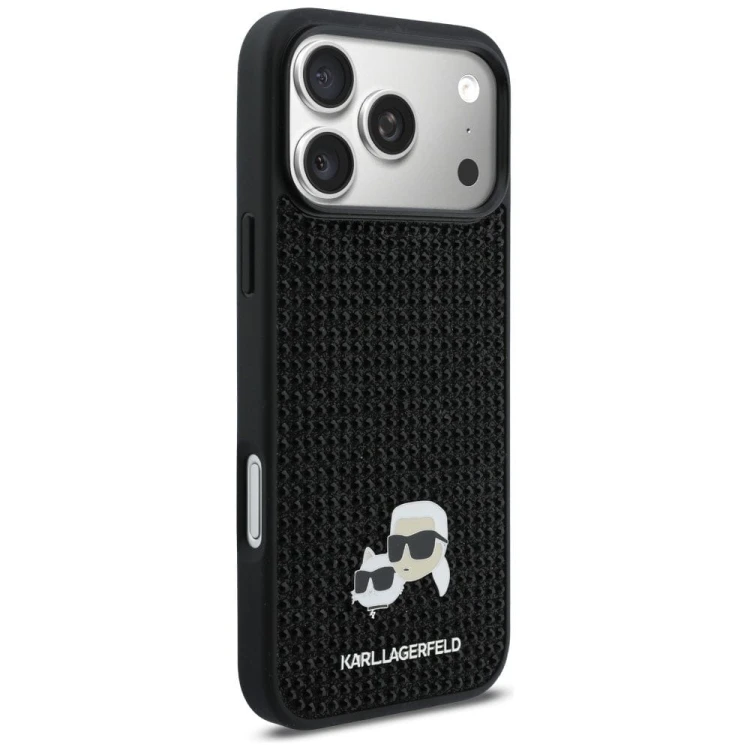 Luksusowe etui Karl Lagerfeld do iPhone 17 Pro Max Rhinestones Karl & Choupette Pin – czarne