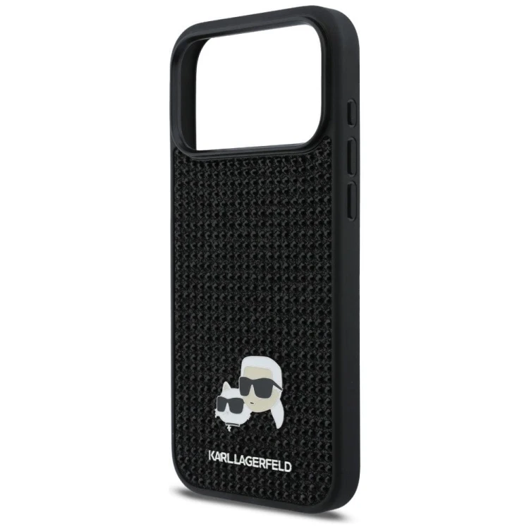 Luksusowe etui Karl Lagerfeld do iPhone 17 Pro Max Rhinestones Karl & Choupette Pin – czarne