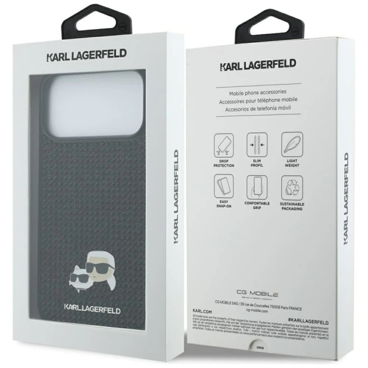 Luksusowe etui Karl Lagerfeld do iPhone 17 Pro Max Rhinestones Karl & Choupette Pin – czarne