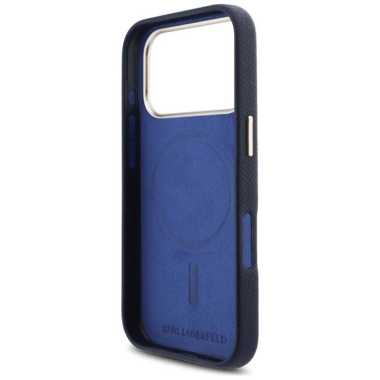 Luksusowe etui Karl Lagerfeld do iPhone 17 Pro MagSafe Karl Head Logo – niebieskie