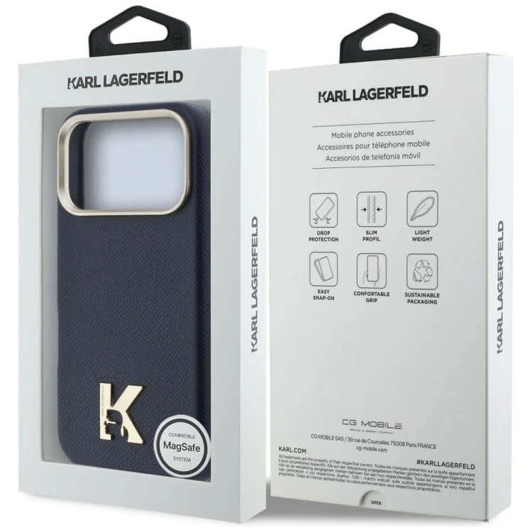 Luksusowe etui Karl Lagerfeld do iPhone 17 Pro MagSafe Karl Head Logo – niebieskie