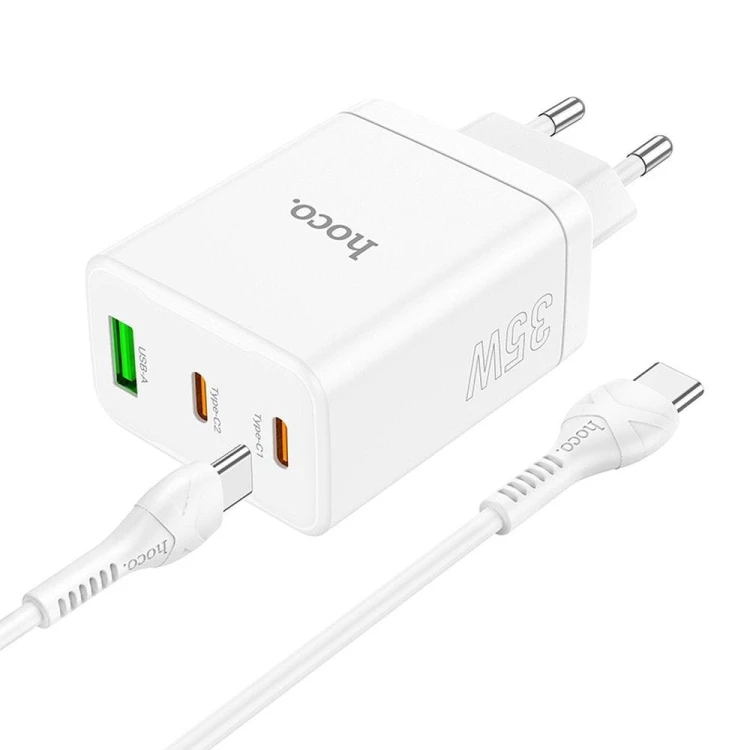 Ładowarka sieciowa Hoco 35W 2x USB-C + USB-A PD QC 3.0 + kabel USB-C 1m biała