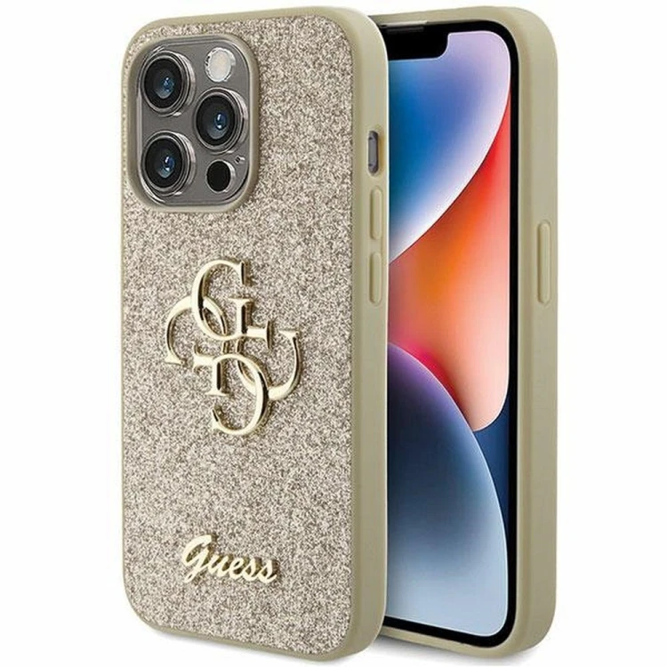 Etui Guess iPhone 15 Pro Fixed Glitter Big 4G Złote - Brokatowy Futerał